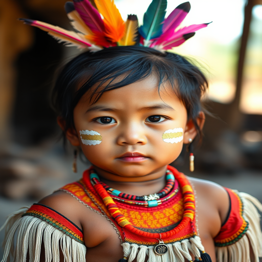A young indigenous child wearing traditional attire with colorful feathers in their hair and face paint, captured in soft natural light with a shallow depth of field, using a Canon EOS R5 with a 50mm f/1.2 lens at ISO 100, f/1.2 aperture, and 1/200s shutter speed.