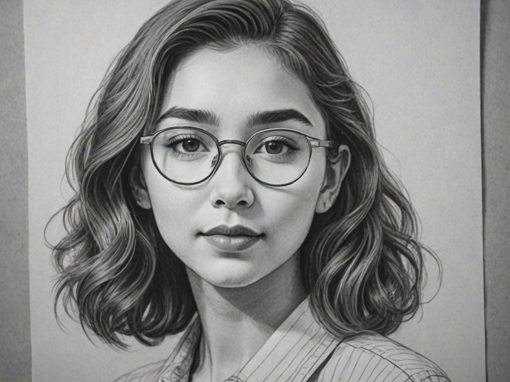Bewitching Rowan Blanchard, pencil sketch, portrait of Magnificent woman 1944s in glasses, hair style beatnik, outline, clear lines, fine lines, 8k