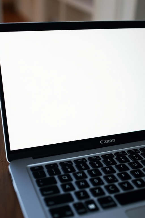 A sleek modern laptop with a blank screen and a detailed keyboard, shot in a high-resolution close-up with a Canon EOS R5, f/2.8 aperture, ISO 100, 50mm lens, natural lighting.