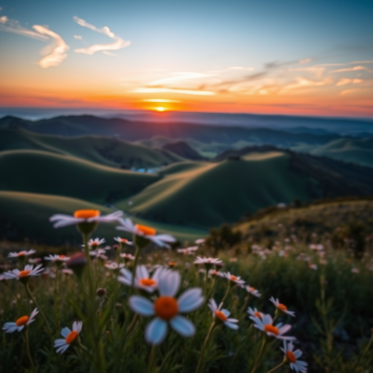 Create a high-resolution image of a serene landscape with rolling hills and a vibrant sunset, using a Canon EOS 5D Mark IV, ISO 100, aperture f/8, shutter speed 1/125s, shooting from a low angle to capture the foreground flowers with a depth of field effect.