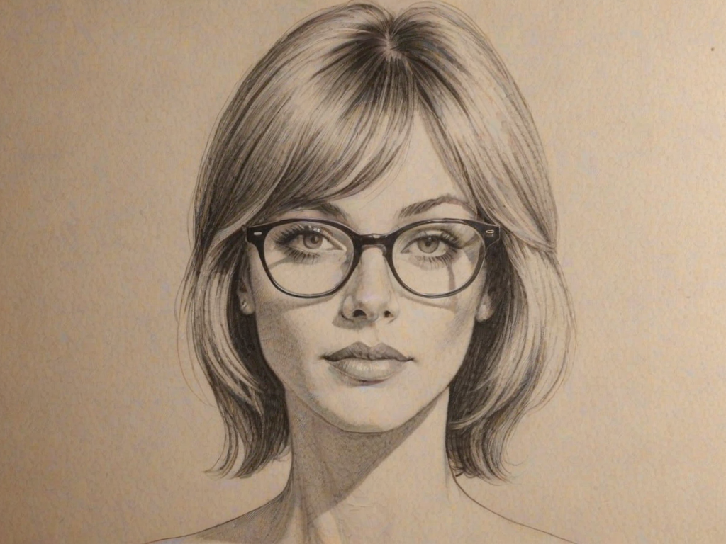 Pleasing Zoe Laverne, pencil sketch, portrait of Ravishing woman 1972s in glasses, hair style beatnik, outline, clear lines, fine lines, 8k