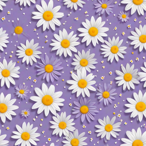 create a seamless pattern featuring small white daisies with yellow centers on a soft lavender background with scattered white dots