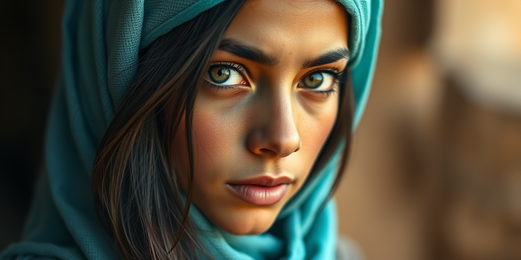 Create a portrait of a young Tuareg female with long, dark hair and captivating hazel eyes. She is wearing a cyan headscarf and a matching scarf draped gracefully around her neck. The background is softly blurred, focusing attention on her serene and natural expression. The overall color palette is muted and warm, enhancing the intimate and authentic feel of the portrait.
