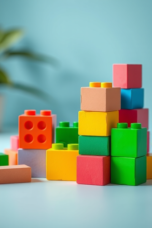 Create an image of colorful building blocks arranged in a playful manner, using a DSLR camera with a 50mm lens, f/2.8 aperture, 1/125 sec shutter speed, shot from a slightly elevated angle to enhance depth, with soft natural lighting for a vibrant look.