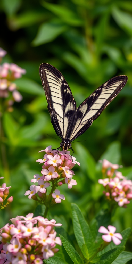 Generate an image of a butterfly with striking black and white wings perched on delicate pink flowers, surrounded by lush green foliage. The scene should convey a serene and vibrant natural setting.