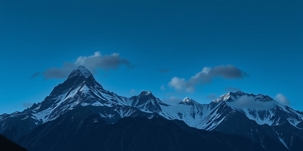 Generate a digital artwork of a mountain landscape at night with shades of blue, featuring sharp mountain peaks and soft clouds, captured with a Canon EOS 5D Mark IV, using a 24mm f/1.4 lens, aperture set to f/8, ISO 100, in landscape orientation for high detail.