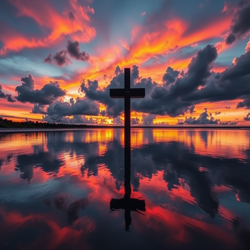 Generate an image of a silhouette of a cross standing in still water at sunset, with dramatic clouds and vibrant colors in the sky reflecting on the water surface. Use a low angle view, 24mm lens, aperture f/8, ISO 100, and a tripod for stability to enhance image clarity.