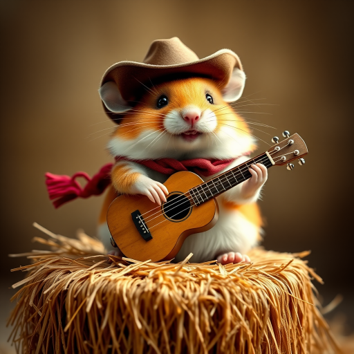 A chibi hamster, dressed as a cowboy, playing guitar, sitting on a hay bale