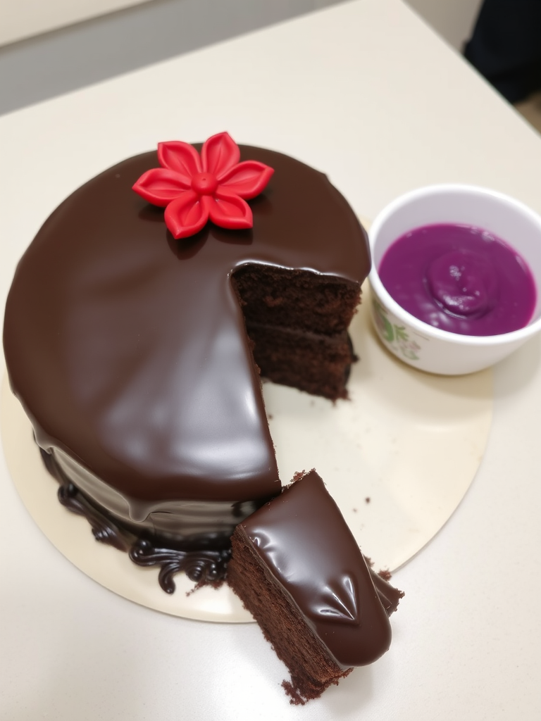 Chocolate cake with a glossy ganache topping and decorative red flower-shaped icing on top, one slice cut and placed beside a small bowl of purple filling, set on a light-colored surface.