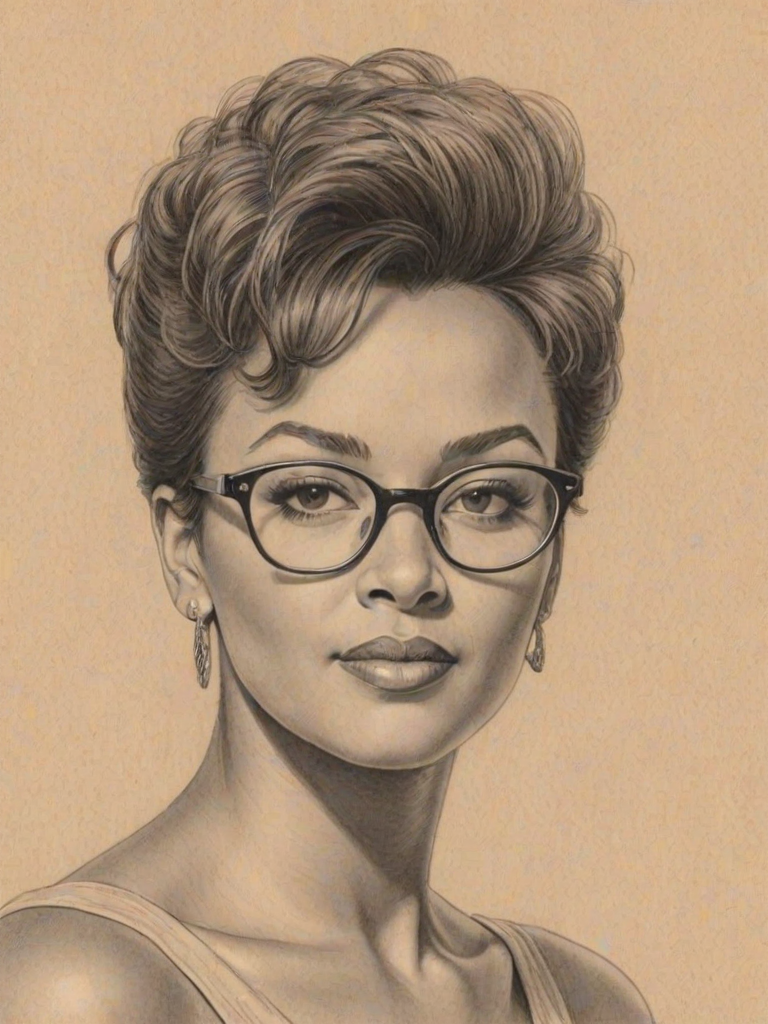 Appealing Anita Baker, pencil sketch, portrait of Beauteous woman 1951s in glasses, hair style beatnik, outline, clear lines, fine lines, 8k