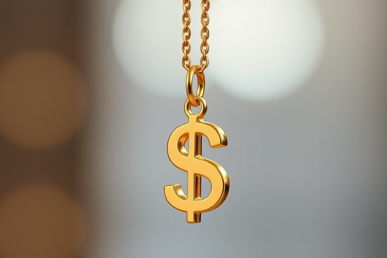 Generate an image of a shiny gold dollar sign pendant hanging from a thick gold chain, taken with a DSLR camera at f/2.8 aperture, ISO 100, 50mm lens, with a shallow depth of field, and a soft focus background to enhance the jewelry's details and shine.