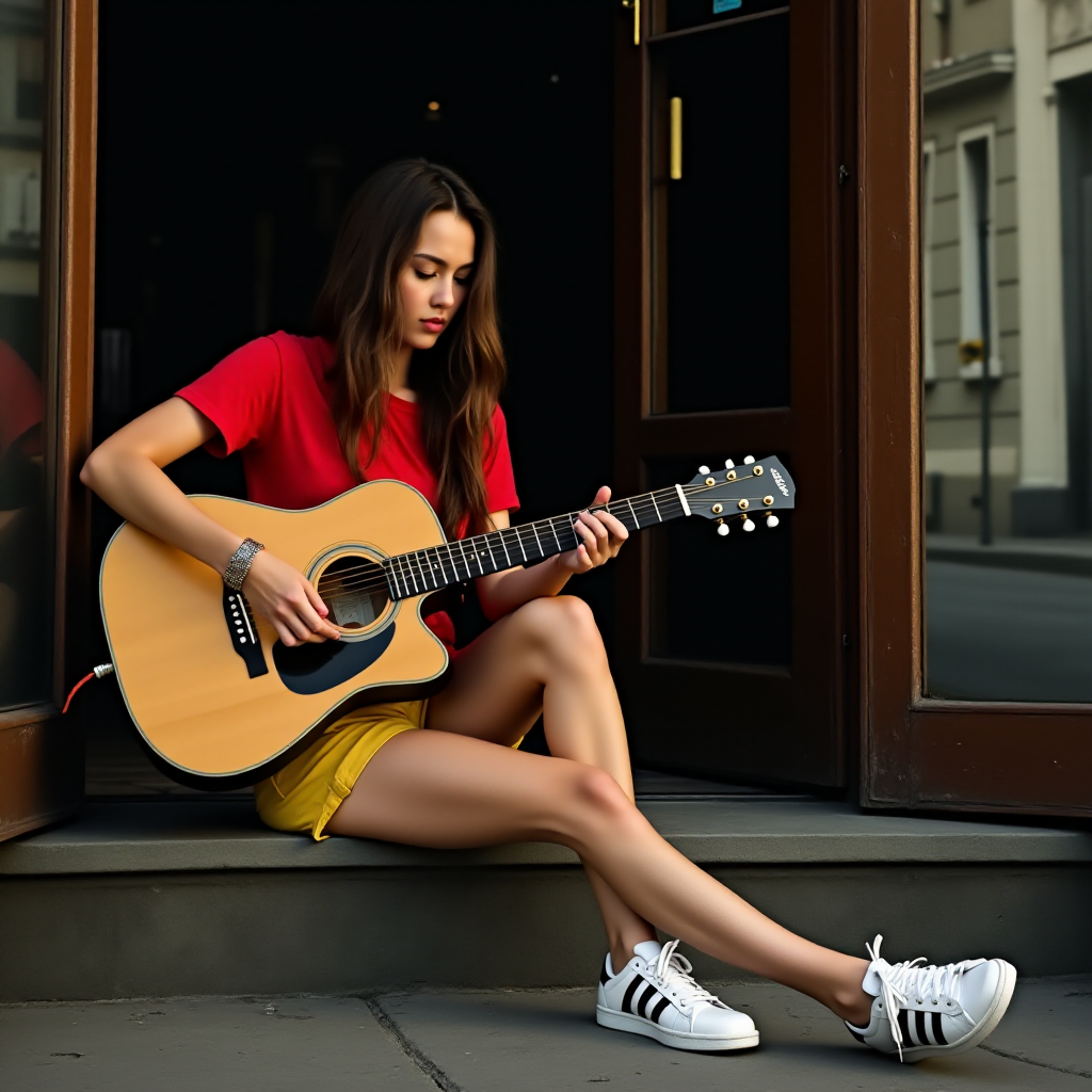 Ultra-realistic and very detailed image, high resolution and definition of a young woman, a rocker. She's sitting on the step of a doorway, with one leg stretched out, playing an acoustic guitar. The young woman is wearing a red T-shirt and yellow shorts. Adidas trainers. The door is glazed and mirrors the street.