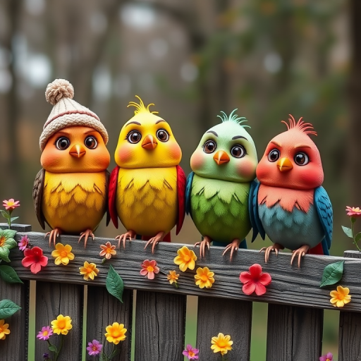 create a scene of 4 quirky  whimsical colourful comical birds each with a funny expression. they are sat on a wooden fence with colourful flowers. they are all different sizes. each one is a different colour  one is wearing a woolly hat. Each one has a different quirky google expression and there is a muted background of trees watercolour paintierly style high definition 8k resolution 3D paper mache