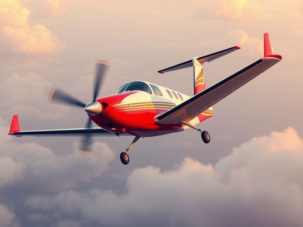 Create an illustration of a small private aircraft in flight from a low-angle view, using vibrant colors and a clean, modern aesthetic, with a 35mm lens, f/8 aperture, ISO 100, and soft lighting to enhance clarity and detail.