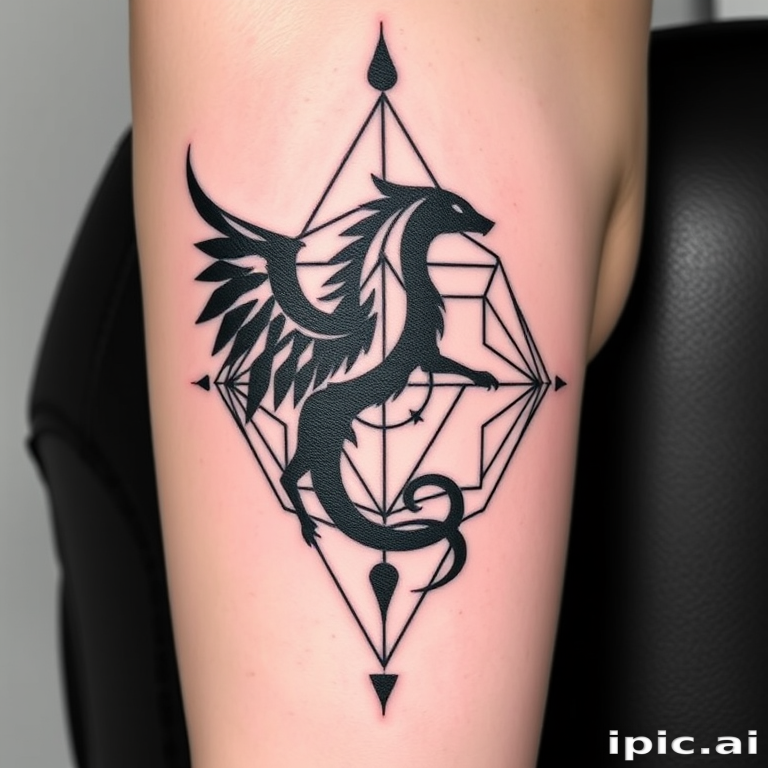 Geometric blackwork tattoo combining sacred geometry and animal silhouettes, precise line work and symmetry, bold contrast and negative space, modern minimalist design