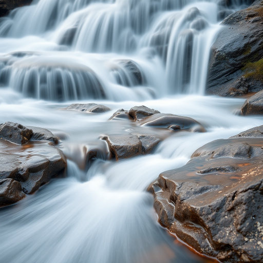 Generate a serene waterfall scene with smooth flowing water cascading over rocky formations, captured using a DSLR camera at f/8 aperture, 1/4 second shutter speed for a silky effect, ISO 100, with a wide-angle lens at 24mm for a dynamic perspective, featuring natural lighting to enhance the texture of the rocks.