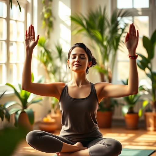 Create an image of a serene young woman practicing yoga in an airy, sunlit room with lush plants and warm colors, using a Canon EOS R5 with a 50mm lens, aperture f/1.8, ISO 100, soft focus background to enhance depth and clarity.