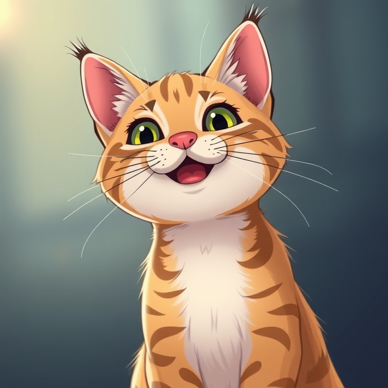 Generate a high-resolution illustration of a stylized cat with a playful expression, soft focus background, captured with a DSLR camera at f/2.8 aperture, ISO 100, shutter speed 1/200s, using a wide-angle lens for a dynamic perspective.
