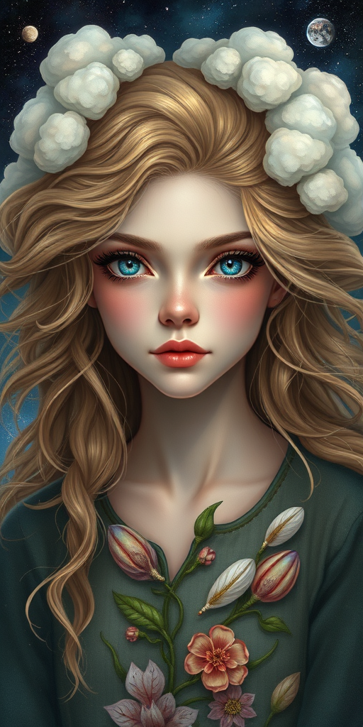 Create a series of imaginative portraits where each subject is infused with elements of fantasy and nature. The hair of the individuals should flow like clouds, varying from soft, fluffy cumulus to wispy cirrus strands, with hints of color reflecting a sunset or a clear blue sky. The eyes should be windows to entire galaxies, with stars, nebulae, and distant planets visible within them. Clothing should be adorned with nature motifs, such as floral patterns that bloom and change, vines that seem to grow and wrap around, or feathers that shimmer with iridescence. Each portrait should capture a unique personality, blending human features with the ethereal beauty of the natural and cosmic world. The backgrounds can vary, from starry night skies to enchanted forests, adding depth and context to the magical realism of the portraits