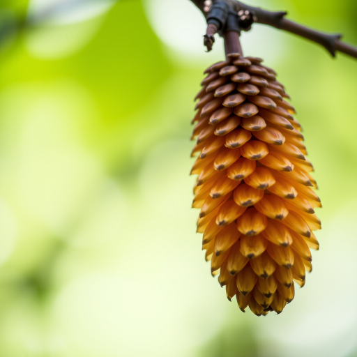 Capture a close-up of a cone-like structure hanging from a branch, sharp focus, shallow depth of field, natural lighting, ISO 200, f/2.8, 50mm lens, DSLR camera, soft bokeh background.