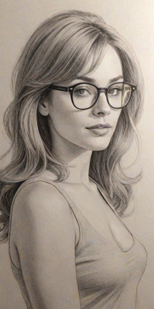 Graceful Alison Haislip, pencil sketch, portrait of Magnificent woman 1975s in glasses, hair style beatnik, outline, clear lines, fine lines, 8k