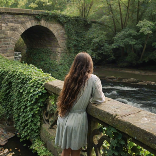 Old stone bridge over a winding river, with ivy creeping up the sides, a woman leans on the railing, her long hair caught in the breeze as she gazes down at the water flowing below.
