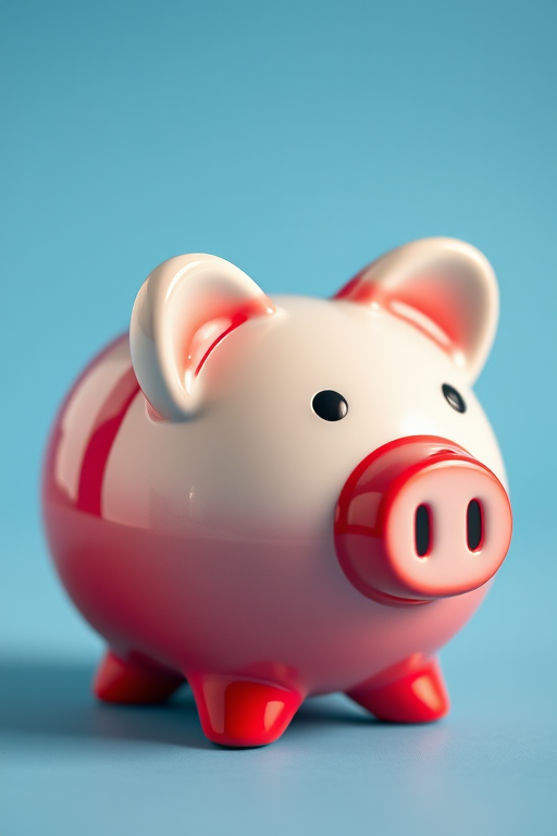 create a high-resolution image of a piggy bank with a glossy red and white design on a smooth blue background using a Canon EOS R5 with a 50mm f/1.2 lens at f/1.8, ISO 100, 1/200s, shot in macro mode from a low angle with soft natural lighting to enhance reflections and details