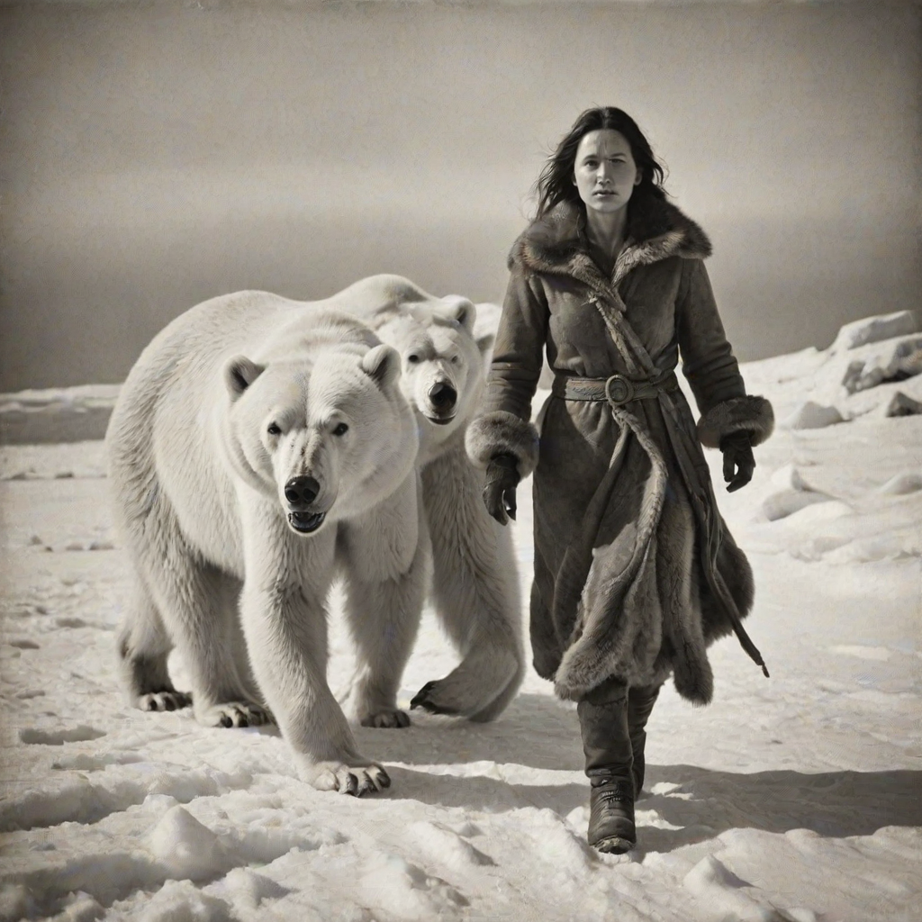 A very old photograph in black and white. The photo is badly damaged, faded, with scratches, tears, smudges and dirt. The photo is ultra-realistic and very detailed. It's a picture of an Arctic warrior. She is walking serenely towards the camera. At her side walks a majestic polar bear. Its fur shines in the sunlight. Snow, ice, sea. wind. snow in the air.