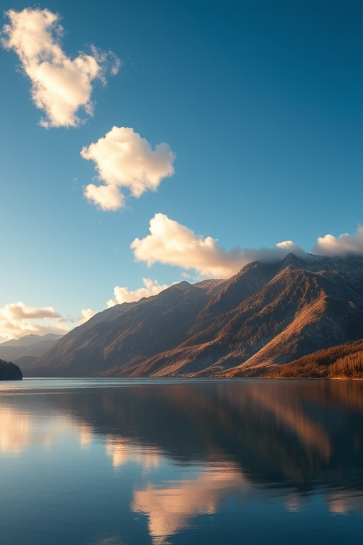 regenerate a serene mountain landscape with a clear blue sky, soft fluffy clouds, and a calm lake reflecting the scenery, using a Canon EOS R5, 24mm lens, aperture f/8, ISO 100, at sunrise to enhance colors and sharpness with a wide-angle view