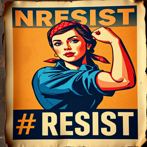 Create a high-resolution image of a vintage poster featuring a strong woman in a blue shirt with a red bandana, flexing her arm, with bold text reading #RESIST in a striking color contrast, captured with a DSLR camera, 50mm lens, f/2.8 aperture, ISO 100, natural lighting, and a shallow depth of field for foreground focus.