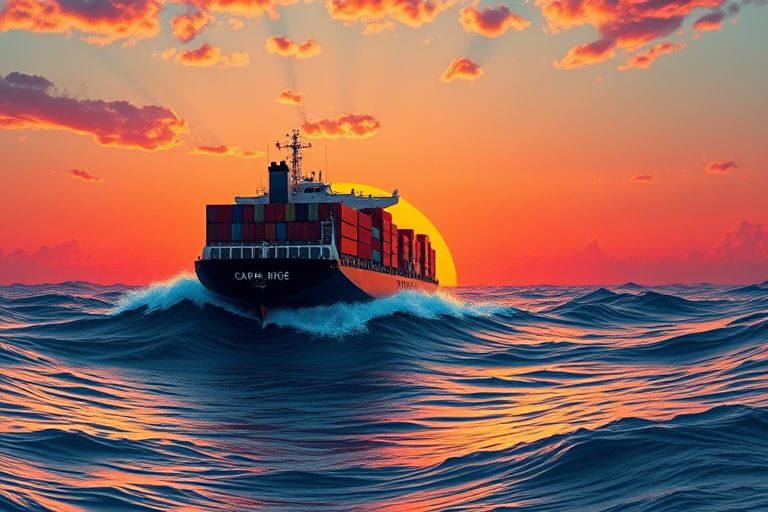Create a digital artwork of a container ship sailing on stylized waves during sunset, with a vibrant orange sun and textured clouds in the sky, using a high-resolution digital art style, 4K resolution, focus on vibrant colors and smooth gradients, camera type digital art software, camera settings sharpness maxed out, depth of field for a slight blur on distant clouds.