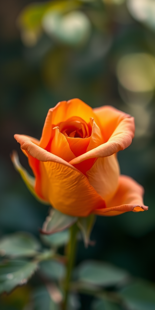 Capture a close-up of a wilted orange rose with soft focus background, aperture f/2.8, shutter speed 1/250, ISO 100, shot in natural light using a DSLR camera with a 50mm lens.
