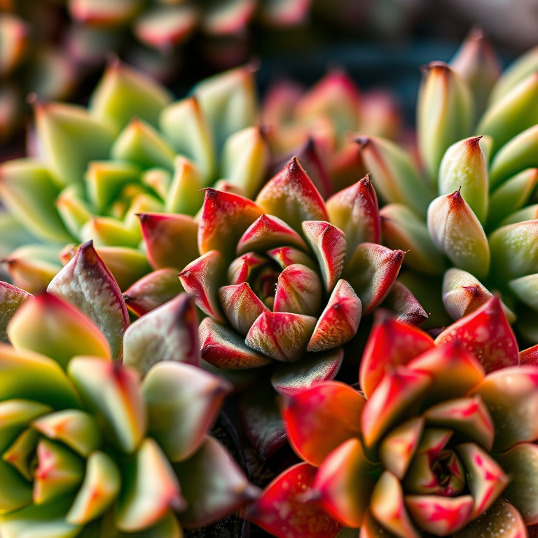 highly detailed macro shot of succulent plants with intricate patterns and vibrant colors, shallow depth of field, natural soft lighting, camera settings: f/2.8, ISO 100, shutter speed 1/125, taken with a DSLR camera using a 100mm macro lens.
