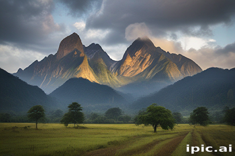 Majestic Mountain Peaks Bathed in Golden Light Against a Cloudy Sky