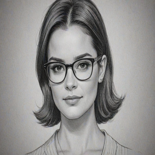Charming Brianna Hildebrand, pencil sketch, portrait of Charming woman 1967s in glasses, hair style beatnik, outline, clear lines, fine lines, 8k