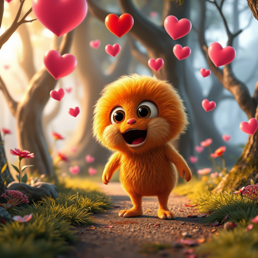 A fluffy orange creature with large eyes and a wide open mouth stands on a path in a whimsical forest, bright pink and red hearts float through the air, the creature has a surprised expression, the light is warm and soft, photorealistic, digital art, 3D style