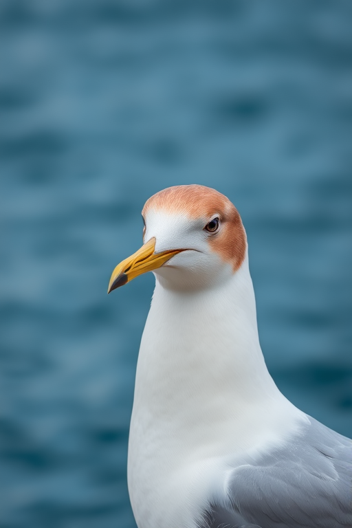 create a close-up portrait of a seagull with a white body and a brown head near a calm blue ocean background