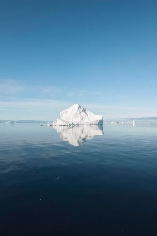 Capture a high-resolution image of a solitary iceberg floating in calm waters, with a clear sky reflecting soft light, using a DSLR camera at f/8 aperture, ISO 100, and a 50mm lens, taken from a 45-degree angle to enhance depth and detail.