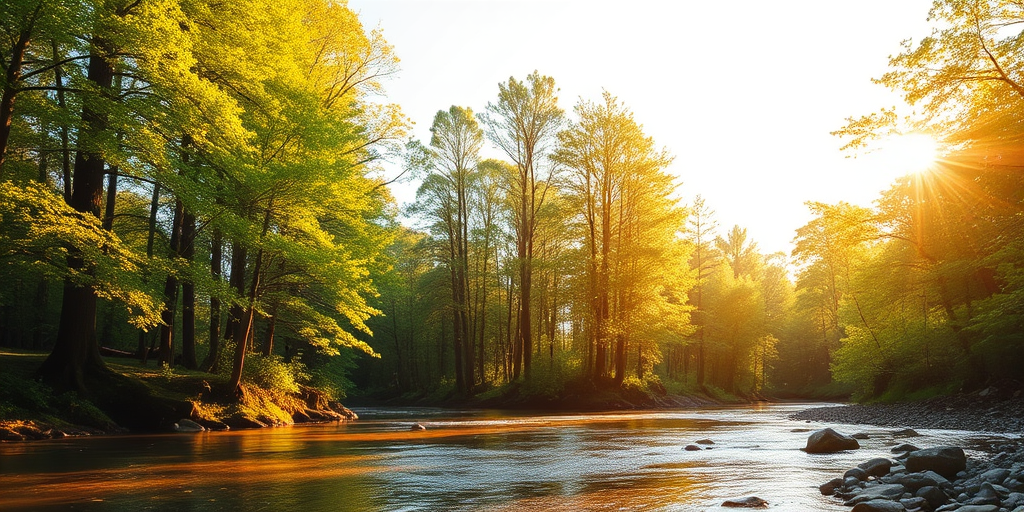 Create an image of a serene, sunlit forest scene with a clear, gently flowing river. Tall trees with lush green foliage line both sides of the river, their leaves bathed in the warm golden light of the setting or rising sun. The sunlight filters through the trees, casting soft, dappled light on the river, which flows over smooth rocks and pebbles, creating a peaceful, natural atmosphere. The sky is bright with a few scattered clouds, and the overall mood is tranquil, evoking a deep sense of connection with nature. The image captures the beauty of a calm, pristine forest landscape at either dawn or dusk.