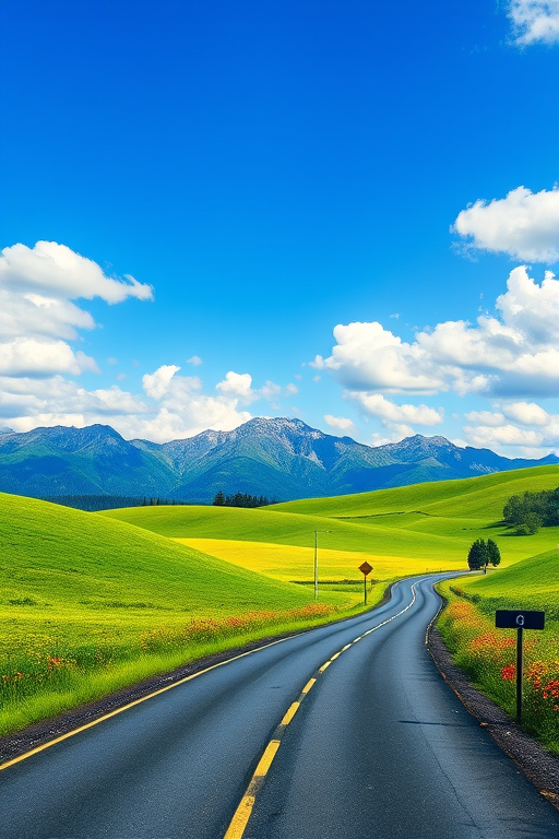 generate a vibrant landscape illustration featuring rolling green hills, a clear blue sky with soft clouds, majestic mountains in the background, a smooth asphalt road in the foreground lined with colorful wildflowers, using a professional DSLR camera settings f/5.6, ISO 100, 1/200s, wide-angle lens, high resolution, and soft focus effect.