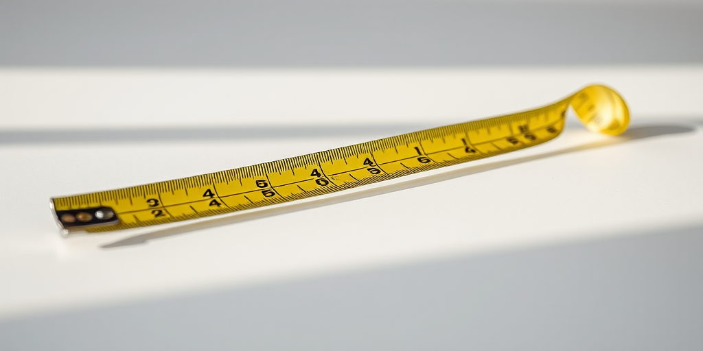 Create a high-resolution image of a measuring tape on a clean surface with a focus on the tape extending outwards, using a DSLR camera with a 50mm lens, aperture f/2.8, ISO 100, and a natural light setting.