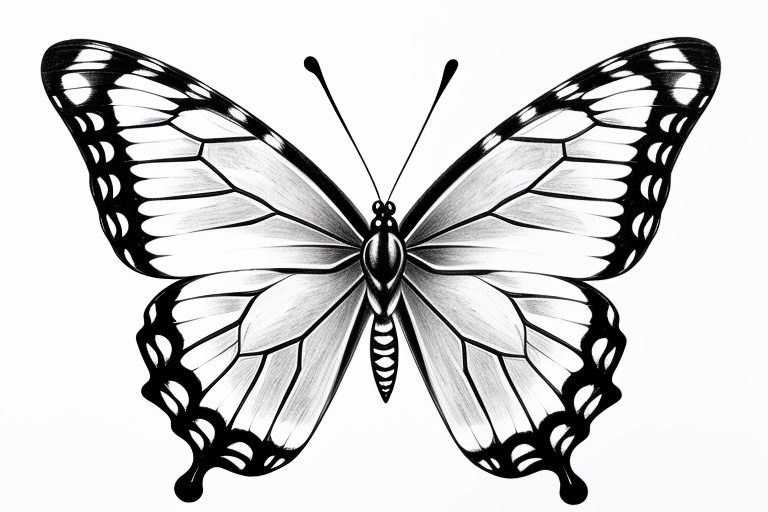 Intricate Black and White Illustration of a Majestic Butterfly in Flight