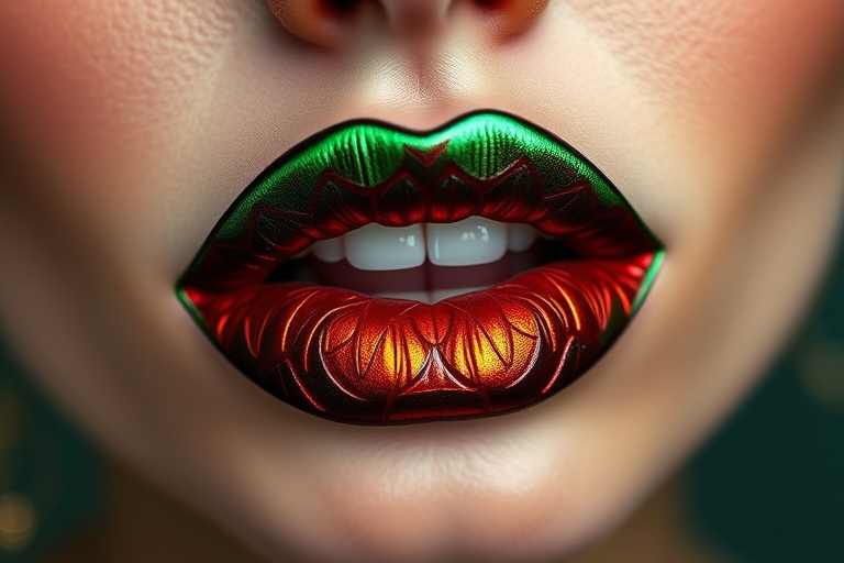 Fierce "Dragon Scale" lip look boasts a deep emerald green base with a duochrome shift to fiery red, mimicking the mesmerizing scales of mythical creatures and making a bold statement