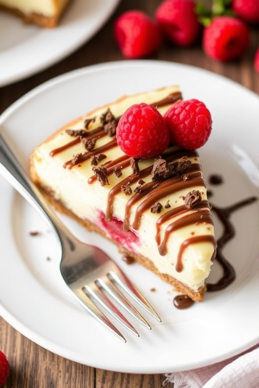 A slice of raspberry cheesecake on a white plate with a fork beside it topped with crumbled chocolate and drizzled with icing, garnished with fresh raspberries.