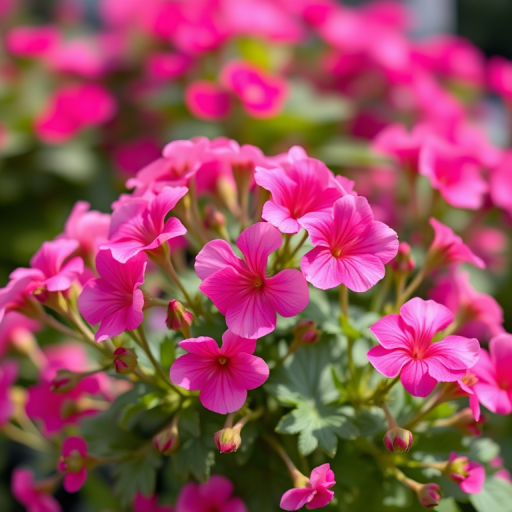 Vibrant flower arrangement of pink geraniums in full bloom, soft focus background, captured with a DSLR camera at f/2.8 aperture, ISO 100, 50mm lens, natural lighting, vibrant color saturation with a shallow depth of field.