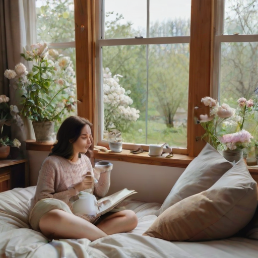 Cozy bedroom with a woman sipping tea on her bed, surrounded by pillows and books, and a window showing a beautiful view of a blossoming garden.