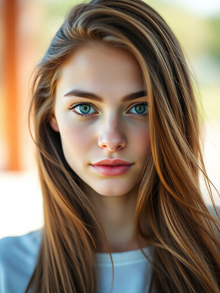 Create a portrait of a young woman with long, flowing brown hair and striking blue eyes, captured in natural daylight with a shallow depth of field, aperture set at f/1.8, using a Canon EOS R5, 85mm lens, vibrant colors, and soft bokeh background to enhance facial features and create a dreamy atmosphere.