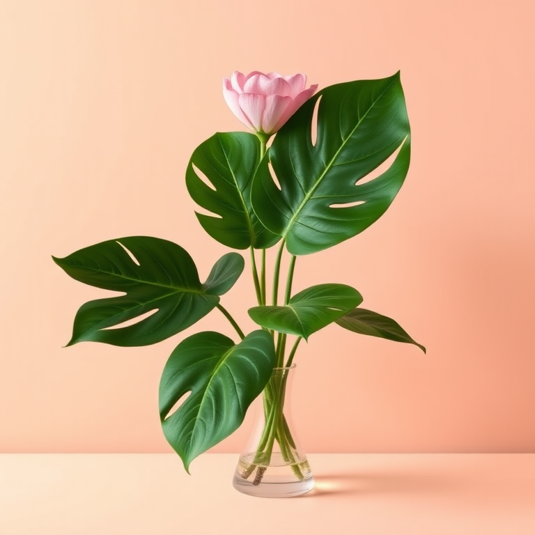 Create a high-resolution digital illustration of a stylized monstera plant in a simple vase against a soft peach background, using Canon EOS R5 with a 50mm f/1.2 lens, aperture set at f/4, ISO 100, and a 1/125 sec shutter speed for clarity and depth.