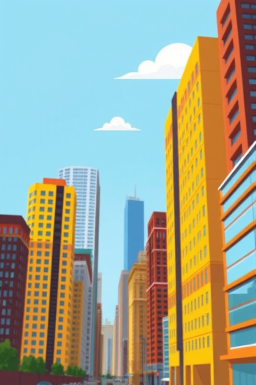 Create a vibrant cityscape illustration featuring tall buildings in various colors like yellow, gray, orange, and brown, with a clear blue sky background and a few stylized clouds, using a wide-angle lens, f/8 aperture, ISO 100, 24mm focal length, soft focus style, digital illustration.