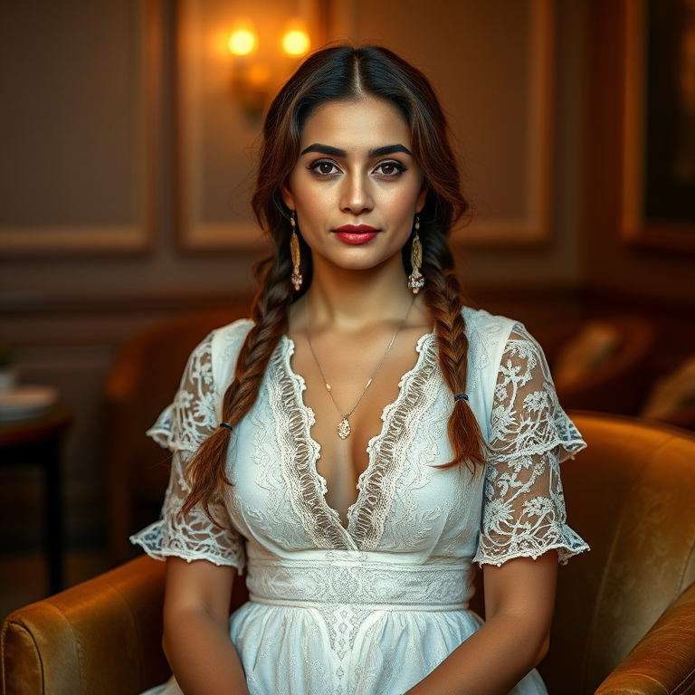 Create a portrait of a refined and elegant Afghan woman seated in a sophisticated setting. She has long, wavy hair styled in two thick braids that are pulled over her shoulders. She wears a white, lace gown with intricate patterns, featuring a deep V-neckline and short sleeves. The dress exudes a vintage charm with its delicate lacework. She is adorned with ornate, dangling earrings that add a touch of glamour to her appearance. The background is softly lit, with warm, ambient lighting that creates a cozy and inviting atmosphere. Her expression is poised and serene, capturing a sense of grace and elegance.